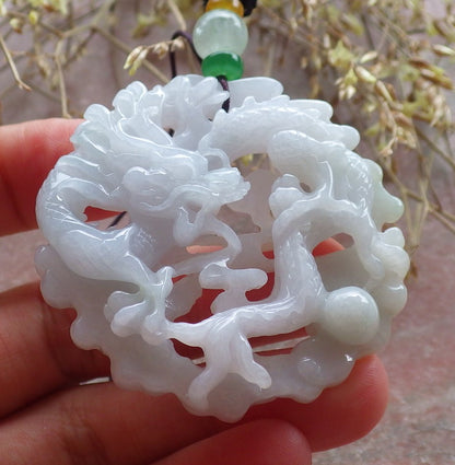 Certified Green Pale Lavender Burma 100% Natural A Jade jadeite Pendant Dragon Necklace 生意兴隆 642882  TN