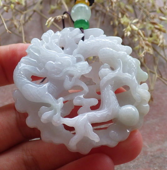 Certified Green Pale Lavender Burma 100% Natural A Jade jadeite Pendant Dragon Necklace 生意兴隆 642882  TN