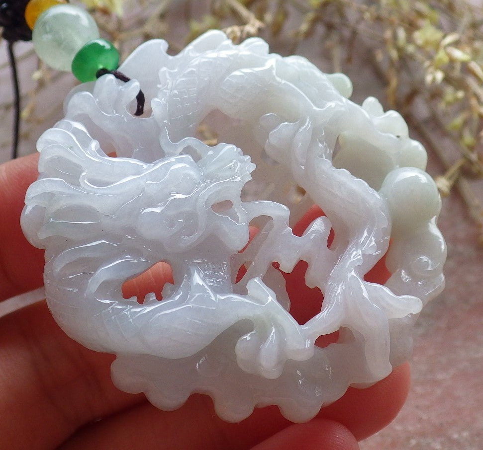 Certified Green Pale Lavender Burma 100% Natural A Jade jadeite Pendant Dragon Necklace 生意兴隆 642882  TN
