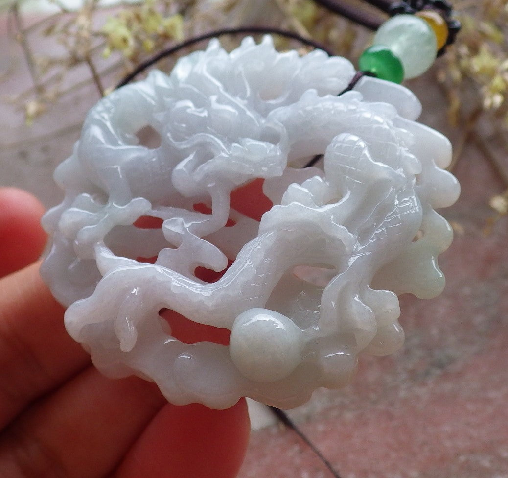 Certified Green Pale Lavender Burma 100% Natural A Jade jadeite Pendant Dragon Necklace 生意兴隆 642882  TN