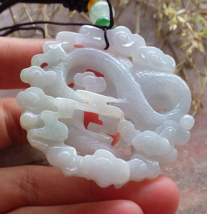 Certified Green Pale Lavender Burma 100% Natural A Jade jadeite Pendant Dragon Necklace 生意兴隆 642882  TN