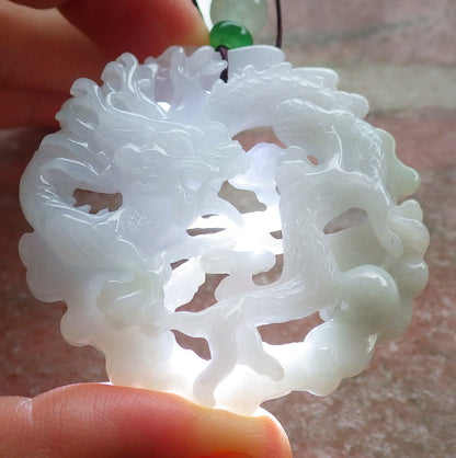 Certified Green Pale Lavender Burma 100% Natural A Jade jadeite Pendant Dragon Necklace 生意兴隆 642882  TN