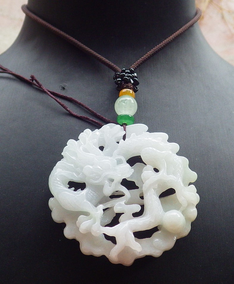 Certified Green Pale Lavender Burma 100% Natural A Jade jadeite Pendant Dragon Necklace 生意兴隆 642882  TN