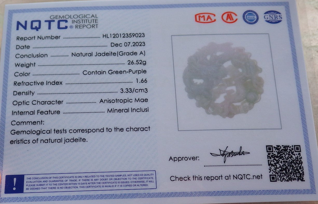 Certified Green Pale Lavender Burma 100% Natural A Jade jadeite Pendant Dragon Necklace 生意兴隆 642882  TN