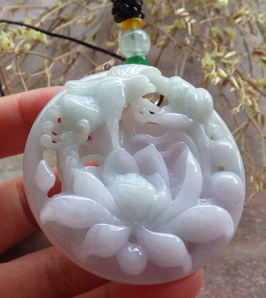 Certified Green Pale Lavender Burma 100% Natural A Jade jadeite Pendant Phoenix Bird Lotus Flower Necklace 鸟语花香 642891  TN