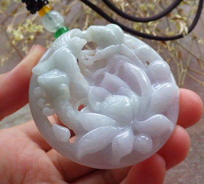 Certified Green Pale Lavender Burma 100% Natural A Jade jadeite Pendant Phoenix Bird Lotus Flower Necklace 鸟语花香 642891  TN