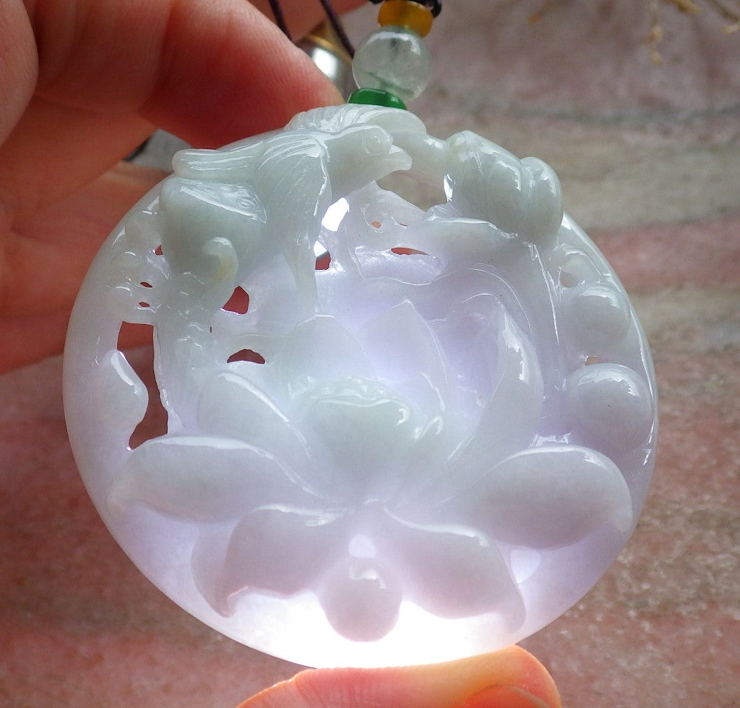 Certified Green Pale Lavender Burma 100% Natural A Jade jadeite Pendant Phoenix Bird Lotus Flower Necklace 鸟语花香 642891  TN
