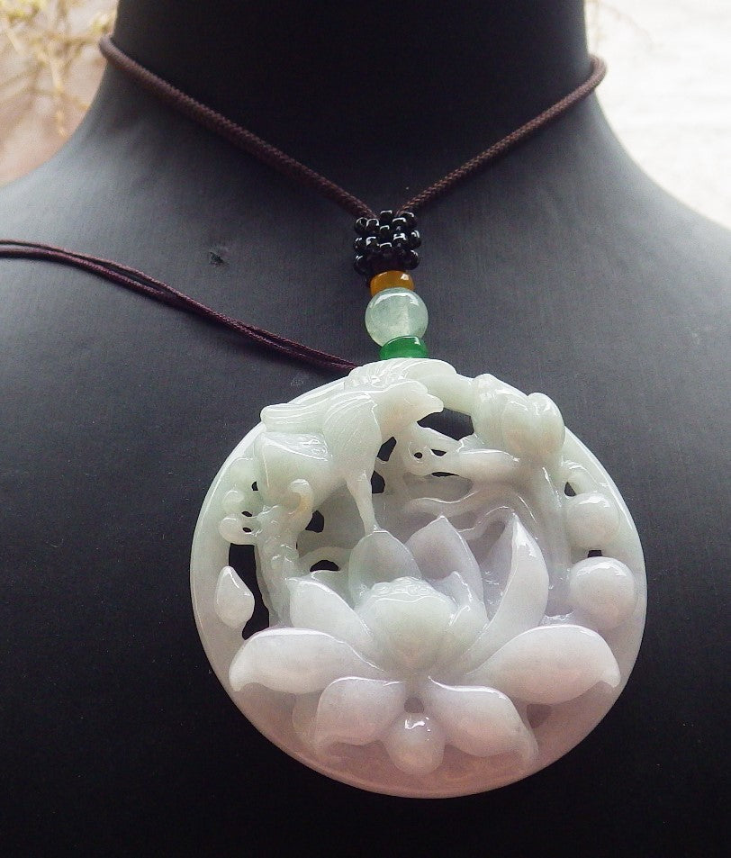 Certified Green Pale Lavender Burma 100% Natural A Jade jadeite Pendant Phoenix Bird Lotus Flower Necklace 鸟语花香 642891  TN