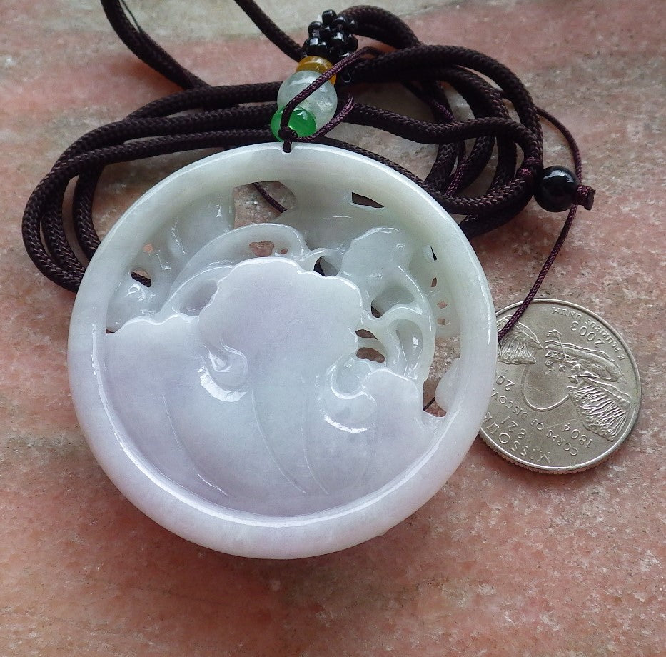 Certified Green Pale Lavender Burma 100% Natural A Jade jadeite Pendant Phoenix Bird Lotus Flower Necklace 鸟语花香 642891  TN