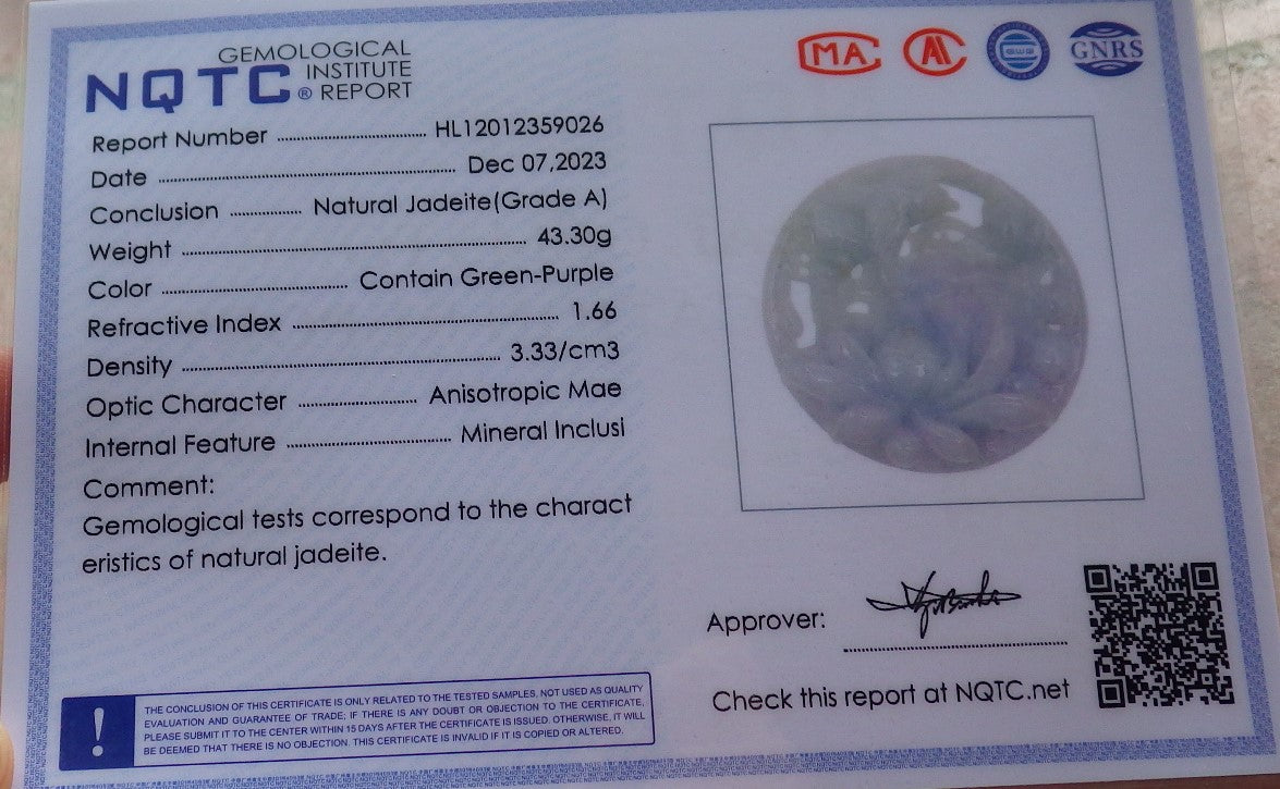 Certified Green Pale Lavender Burma 100% Natural A Jade jadeite Pendant Phoenix Bird Lotus Flower Necklace 鸟语花香 642891  TN
