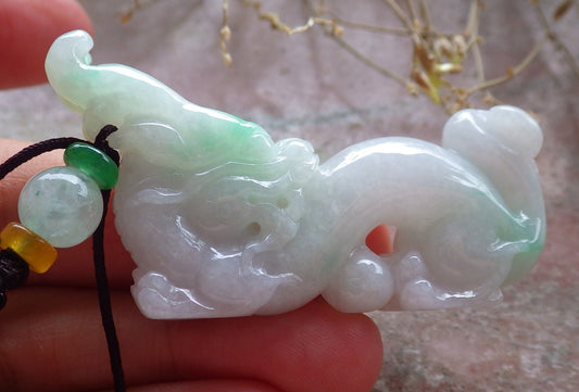 Certified Green Burma 100% Natural A Jade jadeite Pendant Dragon Pi Xiu Bead Necklace 风水貔貅 642899  TN