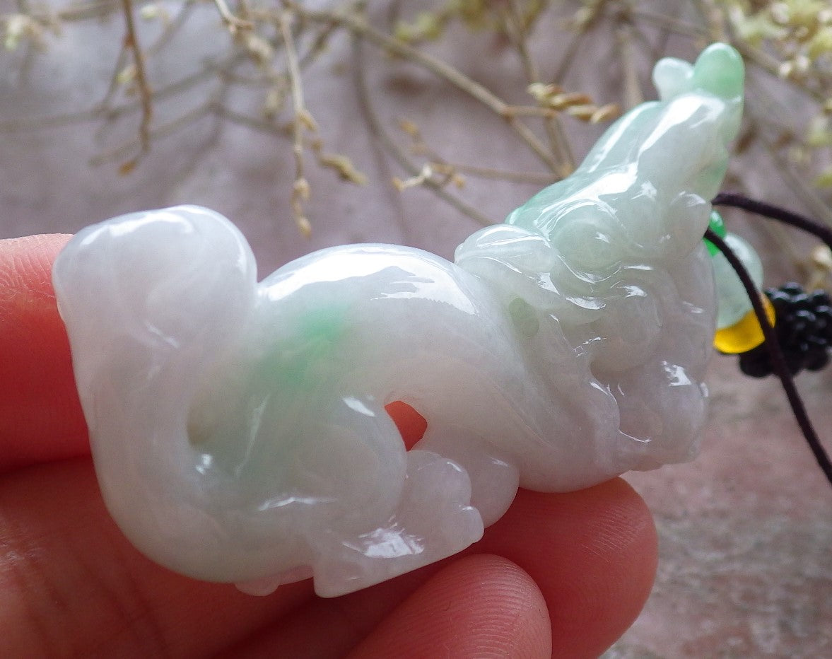 Certified Green Burma 100% Natural A Jade jadeite Pendant Dragon Pi Xiu Bead Necklace 风水貔貅 642899  TN
