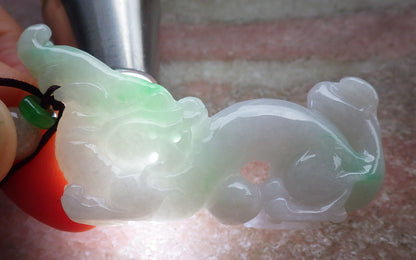 Certified Green Burma 100% Natural A Jade jadeite Pendant Dragon Pi Xiu Bead Necklace 风水貔貅 642899  TN