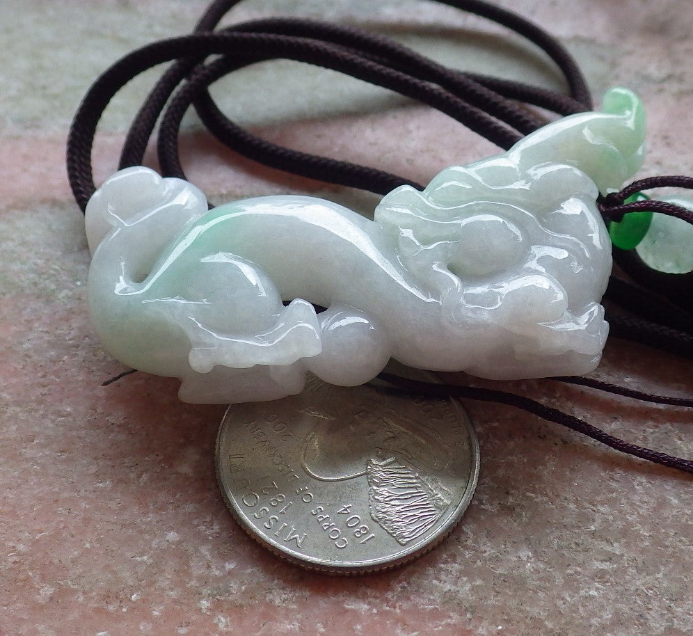 Certified Green Burma 100% Natural A Jade jadeite Pendant Dragon Pi Xiu Bead Necklace 风水貔貅 642899  TN