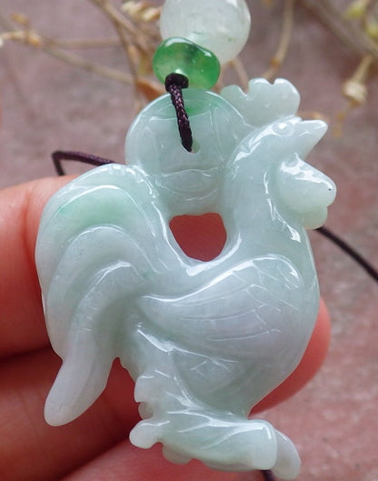Certified Green Burma 100% Natural A Jade jadeite Pendant Rooster Phoenix Coin Necklace 招财鸡 642936  TN