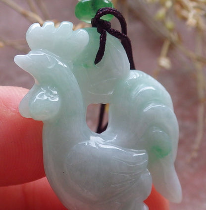 Certified Green Burma 100% Natural A Jade jadeite Pendant Rooster Phoenix Coin Necklace 招财鸡 642936  TN