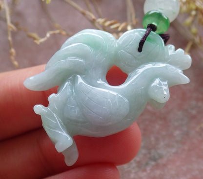 Certified Green Burma 100% Natural A Jade jadeite Pendant Rooster Phoenix Coin Necklace 招财鸡 642936  TN
