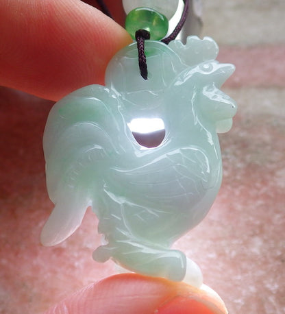 Certified Green Burma 100% Natural A Jade jadeite Pendant Rooster Phoenix Coin Necklace 招财鸡 642936  TN
