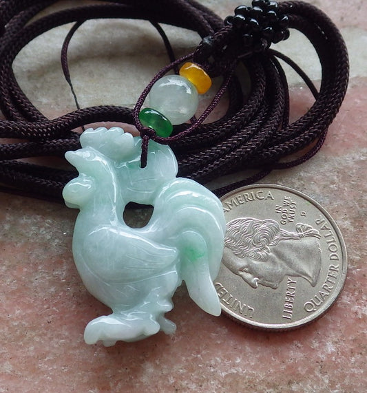 Certified Green Burma 100% Natural A Jade jadeite Pendant Rooster Phoenix Coin Necklace 招财鸡 642936  TN