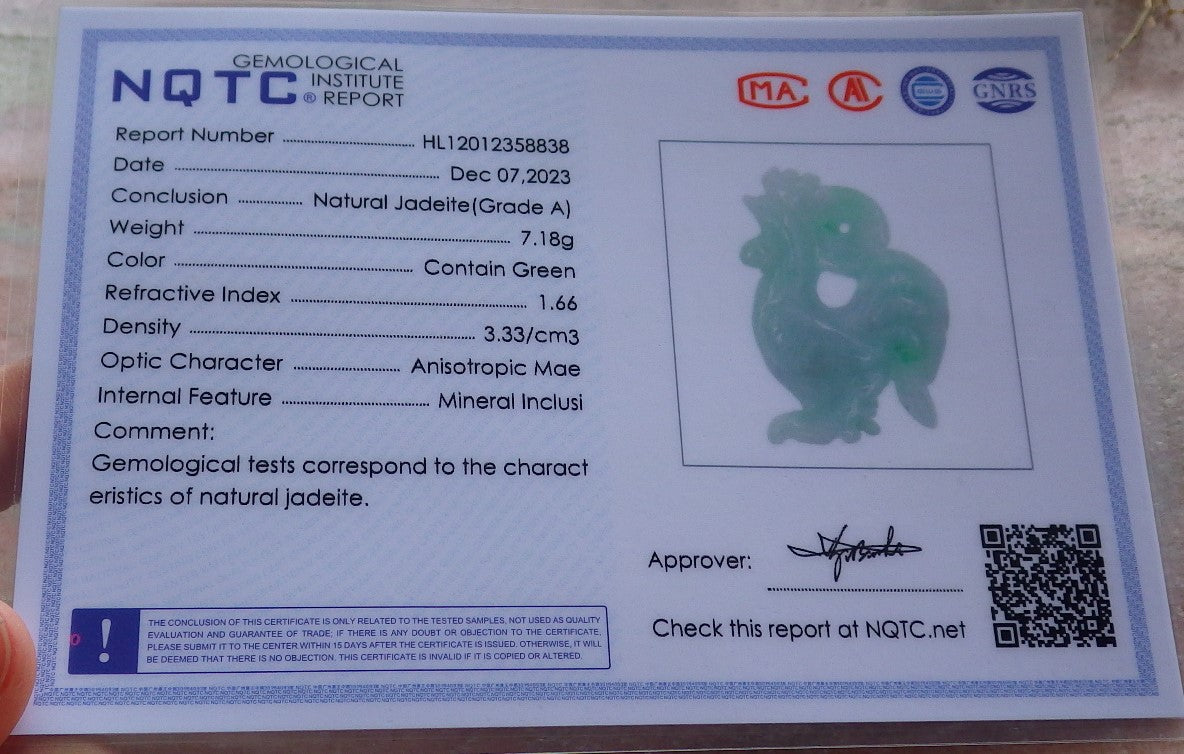 Certified Green Burma 100% Natural A Jade jadeite Pendant Rooster Phoenix Coin Necklace 招财鸡 642936  TN