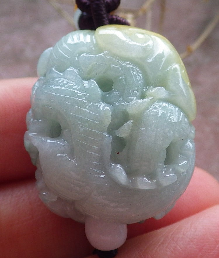 Certified Yellow Green Burma 100% Natural A Jade jadeite Pendant Dragon Bead Necklace 生意兴隆 642971  TN