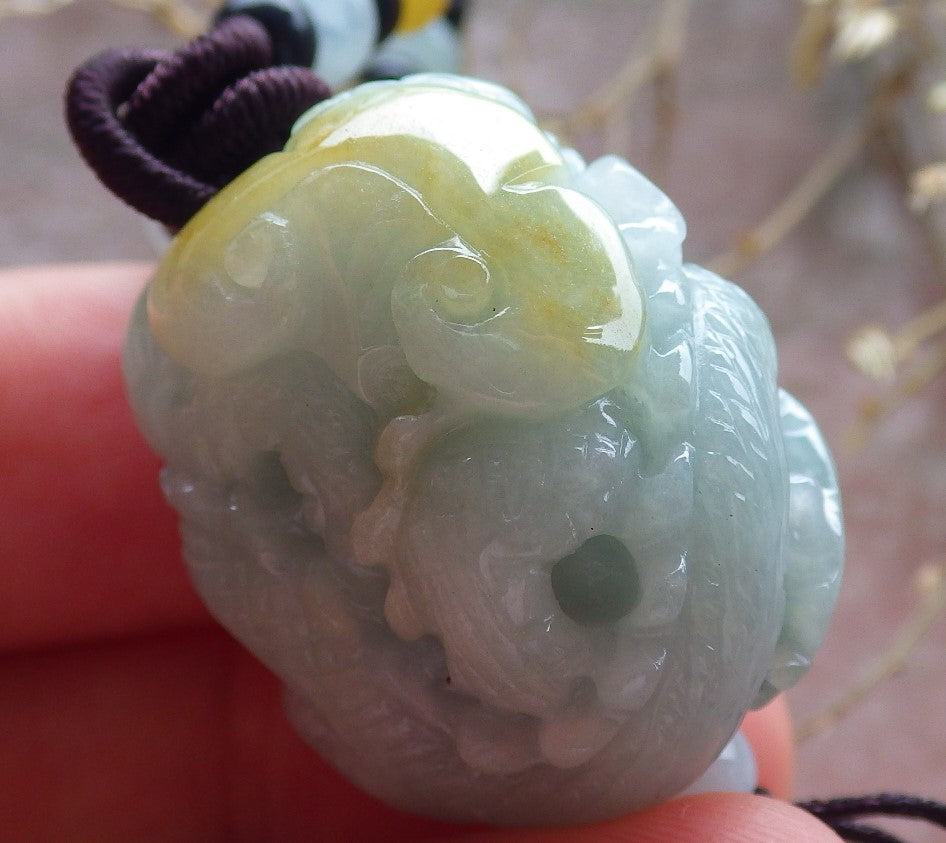 Certified Yellow Green Burma 100% Natural A Jade jadeite Pendant Dragon Bead Necklace 生意兴隆 642971  TN
