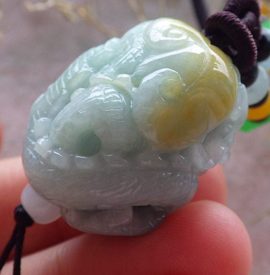 Certified Yellow Green Burma 100% Natural A Jade jadeite Pendant Dragon Bead Necklace 生意兴隆 642971  TN