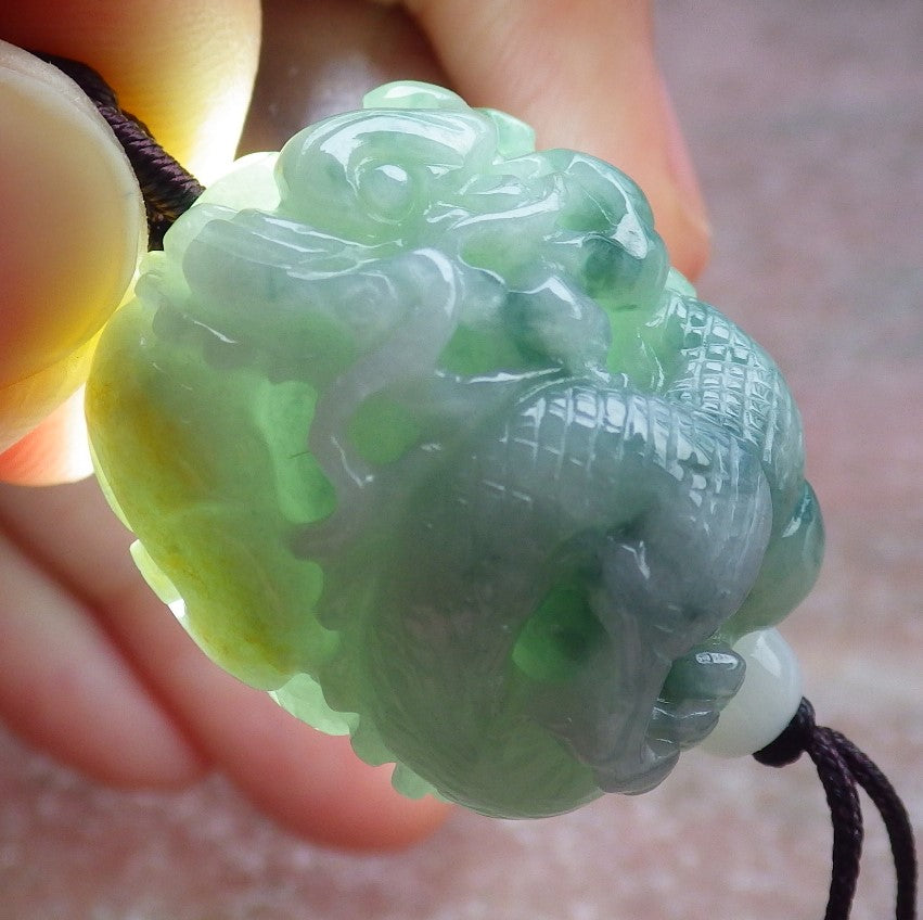 Certified Yellow Green Burma 100% Natural A Jade jadeite Pendant Dragon Bead Necklace 生意兴隆 642971  TN