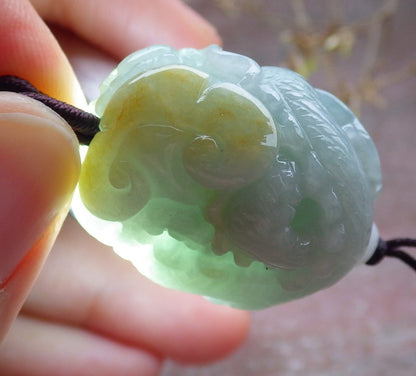 Certified Yellow Green Burma 100% Natural A Jade jadeite Pendant Dragon Bead Necklace 生意兴隆 642971  TN
