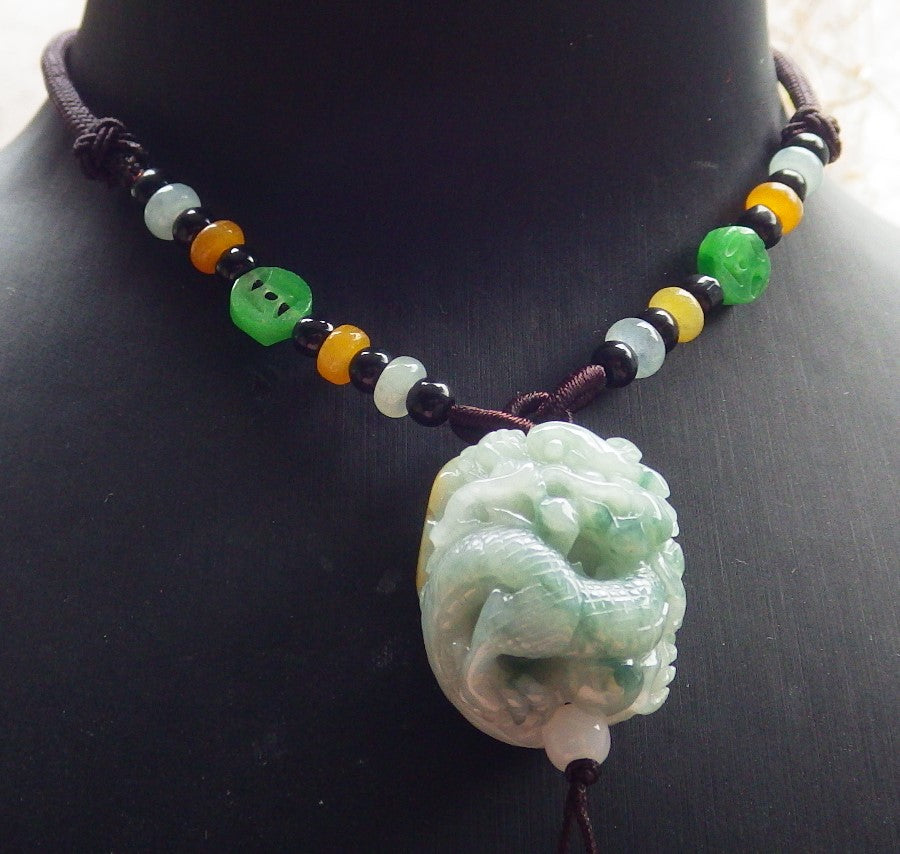 Certified Yellow Green Burma 100% Natural A Jade jadeite Pendant Dragon Bead Necklace 生意兴隆 642971  TN