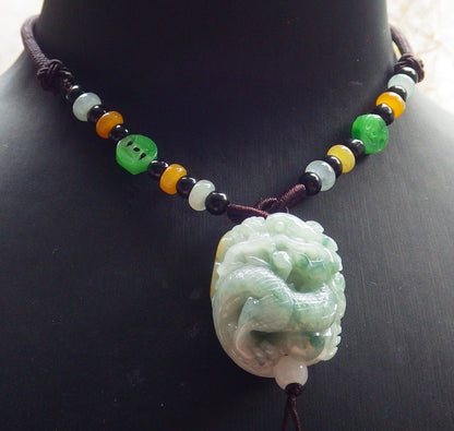 Certified Yellow Green Burma 100% Natural A Jade jadeite Pendant Dragon Bead Necklace 生意兴隆 642971  TN