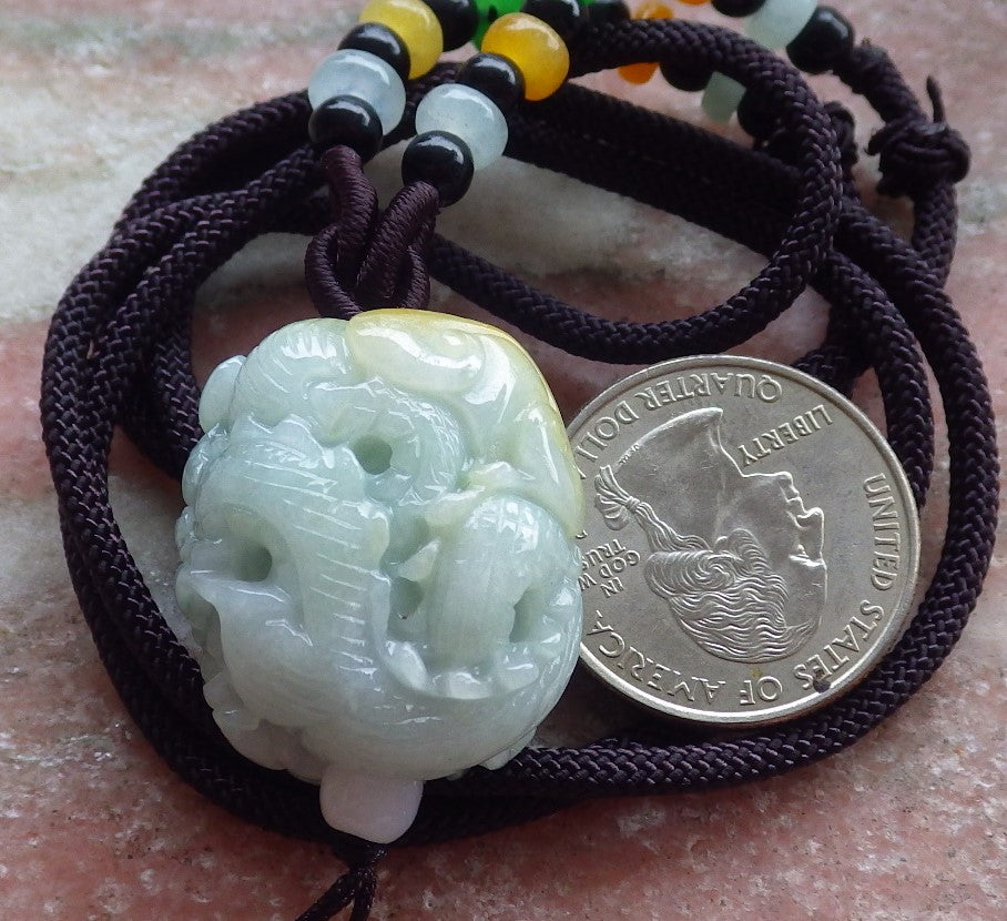 Certified Yellow Green Burma 100% Natural A Jade jadeite Pendant Dragon Bead Necklace 生意兴隆 642971  TN