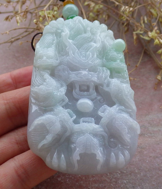 Certified Green Pale Lavender Burma 100% Natural A Jade jadeite Pendant 9 Dragon Bead Necklace 九龙戏珠 643068 TN