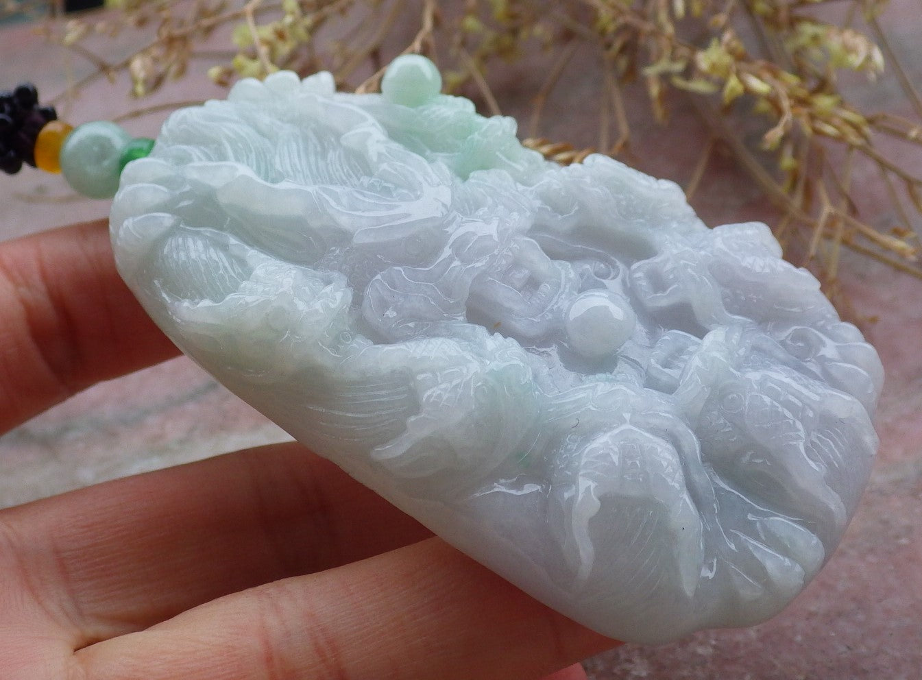 Certified Green Pale Lavender Burma 100% Natural A Jade jadeite Pendant 9 Dragon Bead Necklace 九龙戏珠 643068 TN