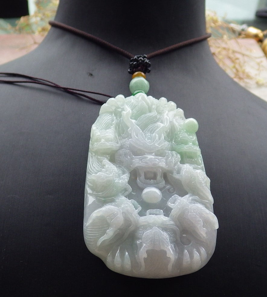Certified Green Pale Lavender Burma 100% Natural A Jade jadeite Pendant 9 Dragon Bead Necklace 九龙戏珠 643068 TN