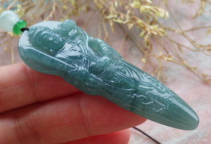 Certified Icy Green Burma 100% Natural A Jade jadeite Pendant Guanyin Kwan Yin Lotus Flower Sword Necklace 观音 643094  TN