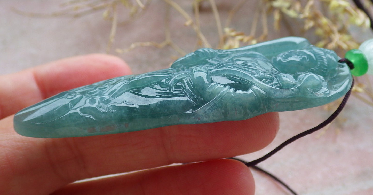 Certified Icy Green Burma 100% Natural A Jade jadeite Pendant Guanyin Kwan Yin Lotus Flower Sword Necklace 观音 643094  TN