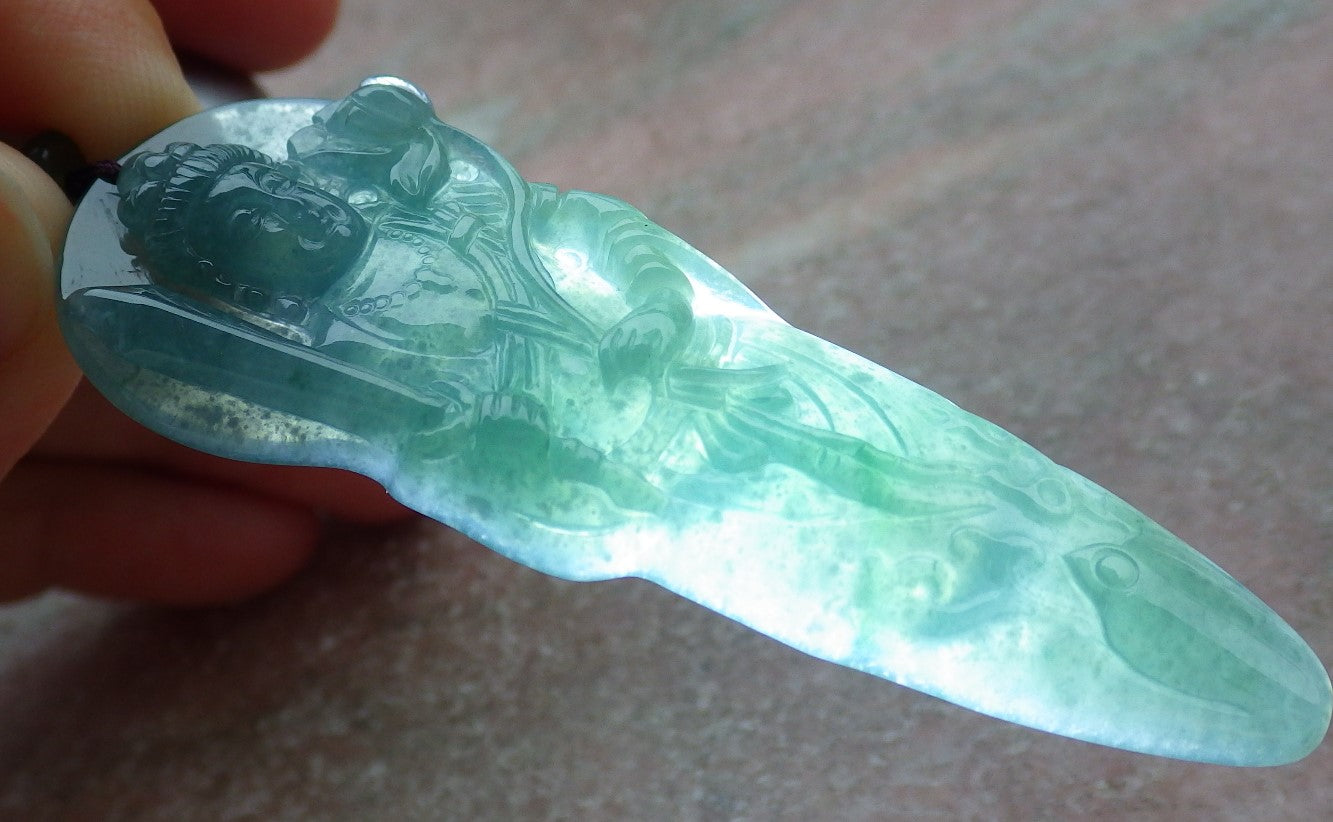 Certified Icy Green Burma 100% Natural A Jade jadeite Pendant Guanyin Kwan Yin Lotus Flower Sword Necklace 观音 643094  TN