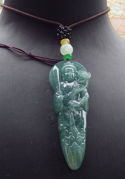Certified Icy Green Burma 100% Natural A Jade jadeite Pendant Guanyin Kwan Yin Lotus Flower Sword Necklace 观音 643094  TN