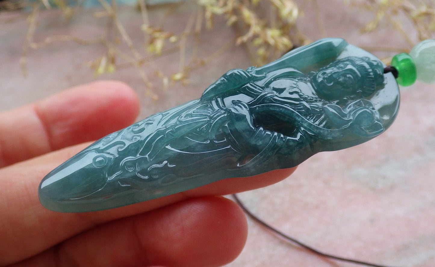 Certified Icy Green Burma 100% Natural A Jade jadeite Pendant Guanyin Kwan Yin Lotus Flower Sword Necklace 观音 643102  TN