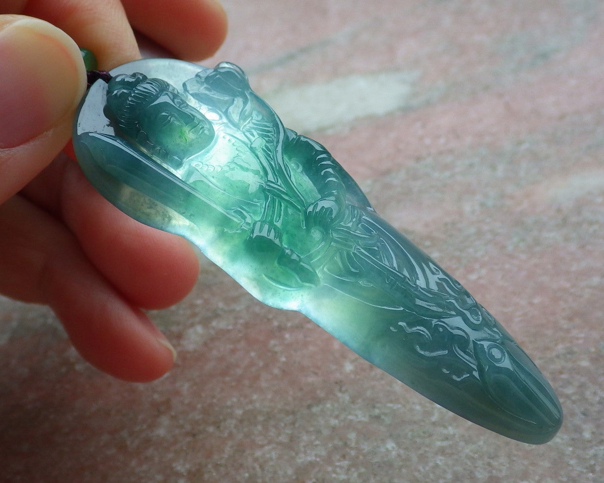 Certified Icy Green Burma 100% Natural A Jade jadeite Pendant Guanyin Kwan Yin Lotus Flower Sword Necklace 观音 643102  TN