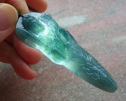 Certified Icy Green Burma 100% Natural A Jade jadeite Pendant Guanyin Kwan Yin Lotus Flower Sword Necklace 观音 643102  TN