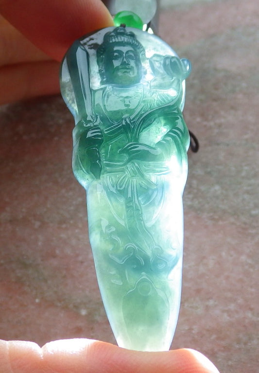 Certified Icy Green Burma 100% Natural A Jade jadeite Pendant Guanyin Kwan Yin Lotus Flower Sword Necklace 观音 643102  TN