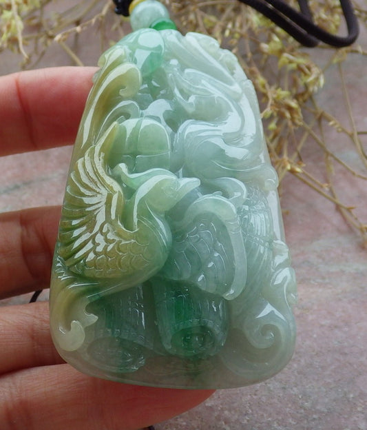 Certified Yellow Green Burma 100% Natural A Jade jadeite Pendant Dragon Phoenix Coin Ruyi Necklace 龙凤 643126  TN