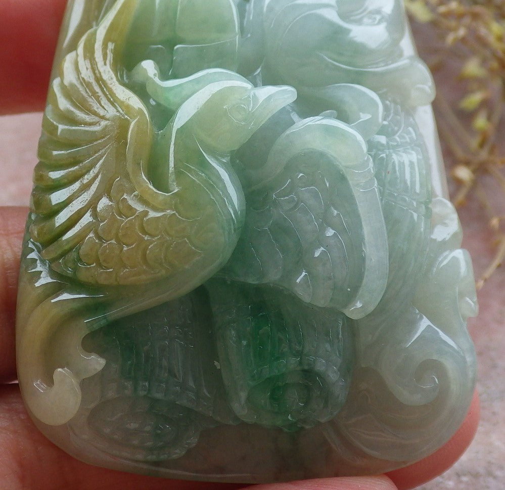 Certified Yellow Green Burma 100% Natural A Jade jadeite Pendant Dragon Phoenix Coin Ruyi Necklace 龙凤 643126  TN
