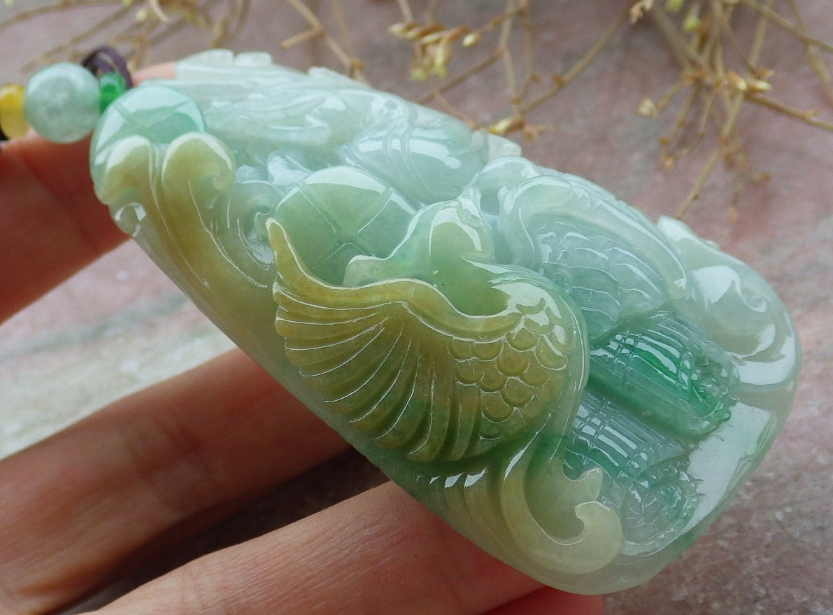 Certified Yellow Green Burma 100% Natural A Jade jadeite Pendant Dragon Phoenix Coin Ruyi Necklace 龙凤 643126  TN