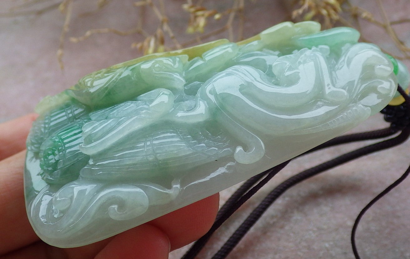 Certified Yellow Green Burma 100% Natural A Jade jadeite Pendant Dragon Phoenix Coin Ruyi Necklace 龙凤 643126  TN