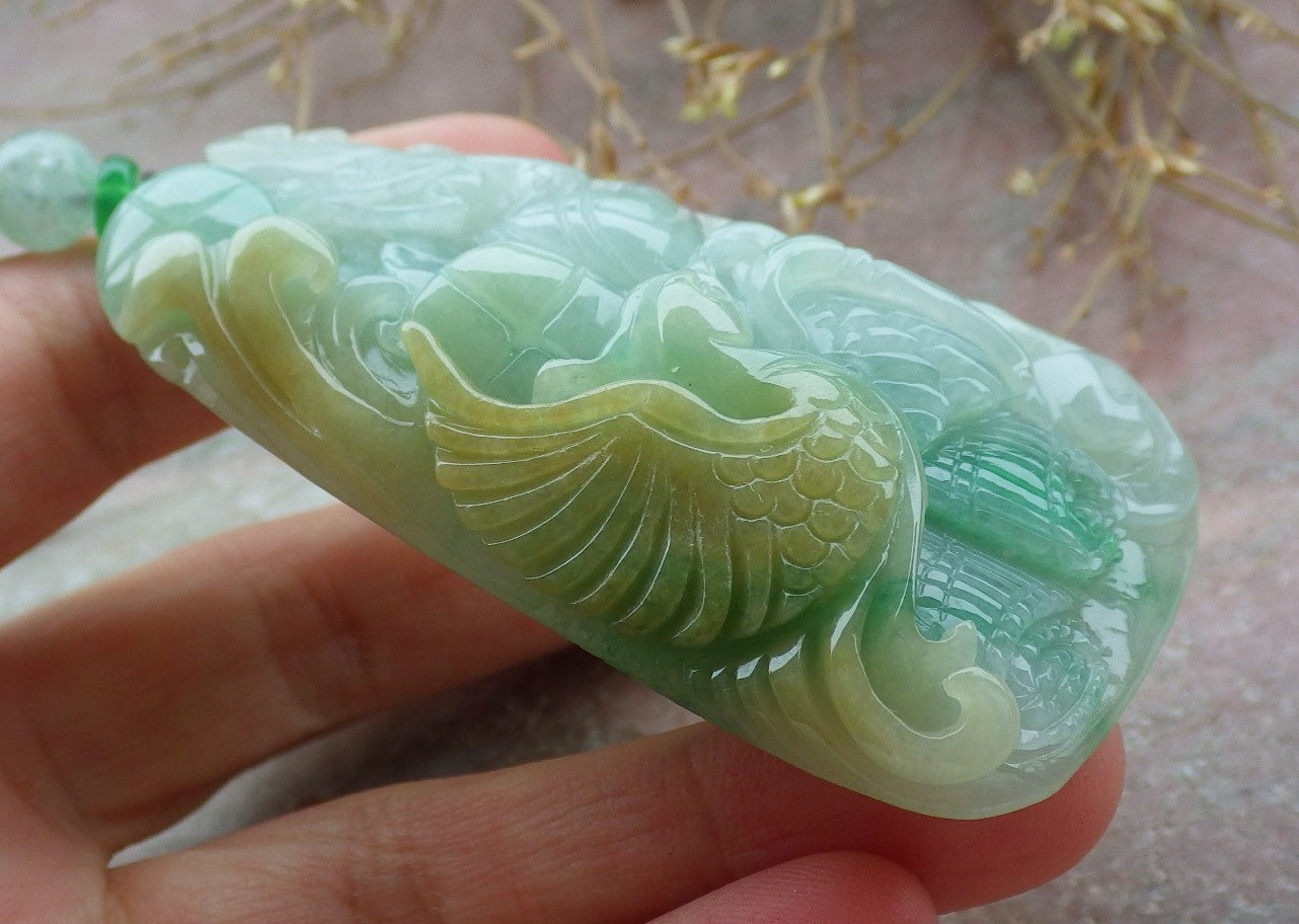 Certified Yellow Green Burma 100% Natural A Jade jadeite Pendant Dragon Phoenix Coin Ruyi Necklace 龙凤 643126  TN