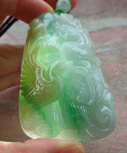 Certified Yellow Green Burma 100% Natural A Jade jadeite Pendant Dragon Phoenix Coin Ruyi Necklace 龙凤 643126  TN