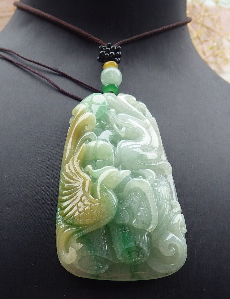 Certified Yellow Green Burma 100% Natural A Jade jadeite Pendant Dragon Phoenix Coin Ruyi Necklace 龙凤 643126  TN